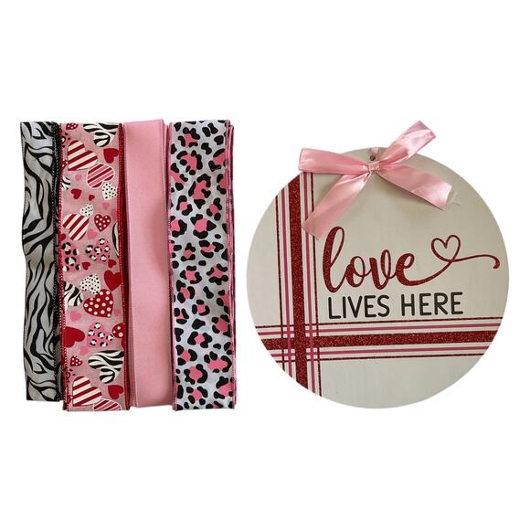 Valentine Ribbon & Sign Bundle Set | Zebra Leopard Hearts | DIY Wreath Craft Kit - Picture 1 of 3